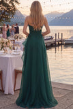 Navy A-Line Strapless Ruched Long Prom Dress with Ruffle Slit