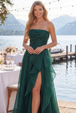 Navy A-Line Strapless Ruched Long Prom Dress with Ruffle Slit