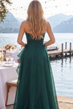 Navy A-Line Strapless Ruched Long Prom Dress with Ruffle Slit