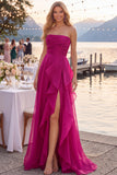 Navy A-Line Strapless Ruched Long Prom Dress with Ruffle Slit