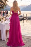 Navy A-Line Strapless Ruched Long Prom Dress with Ruffle Slit