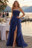 Navy A-Line Strapless Ruched Long Prom Dress with Ruffle Slit
