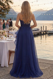 Navy A-Line Strapless Ruched Long Prom Dress with Ruffle Slit