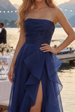 Navy A-Line Strapless Ruched Long Prom Dress with Ruffle Slit
