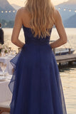 Navy A-Line Strapless Ruched Long Prom Dress with Ruffle Slit