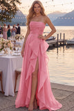 Navy A-Line Strapless Ruched Long Prom Dress with Ruffle Slit