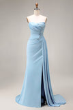 Blue Mermaid Ruched Strapless Long Prom Dress with Slit