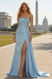 Blue Mermaid Ruched Strapless Long Prom Dress with Slit