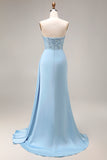 Blue Mermaid Ruched Strapless Long Prom Dress with Slit