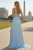 Blue Mermaid Ruched Strapless Long Prom Dress with Slit