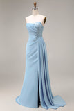 Blue Mermaid Ruched Strapless Long Prom Dress with Slit