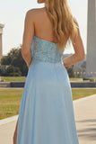 Blue Mermaid Ruched Strapless Long Prom Dress with Slit
