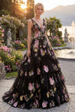 Black Pink Flower A-Line Tulle V-Neck Tiered Long Prom Dress with Sequins