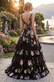 Black Pink Flower A-Line Tulle V-Neck Tiered Long Prom Dress with Sequins