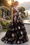 Black Pink Flower A-Line Tulle V-Neck Tiered Long Prom Dress with Sequins