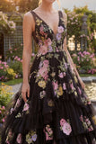 Black Pink Flower A-Line Tulle V-Neck Tiered Long Prom Dress with Sequins