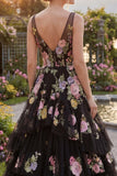 Black Pink Flower A-Line Tulle V-Neck Tiered Long Prom Dress with Sequins