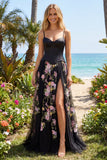 Black Pink Flower A Line Sequin Spaghetti Straps Long Prom Dress with Slit