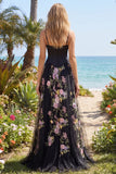 Black Pink Flower A Line Sequin Spaghetti Straps Long Prom Dress with Slit