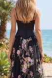 Black Pink Flower A Line Sequin Spaghetti Straps Long Prom Dress with Slit