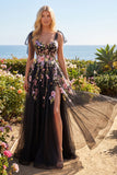 Black Pink Flower A-Line Sequin Long Prom Dress with Slit
