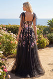 Black Pink Flower A-Line Sequin Long Prom Dress with Slit