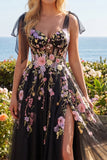 Black Pink Flower A-Line Sequin Long Prom Dress with Slit