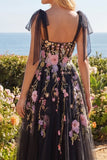 Black Pink Flower A-Line Sequin Long Prom Dress with Slit