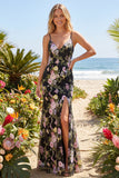 Black Pink Flower Mermaid Sequin Long Prom Dress with Slit