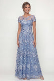 Dusty Blue A Line Short Sleeves Mother of the Bride Dress with Embroidery