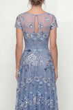 Dusty Blue A Line Short Sleeves Mother of the Bride Dress with Embroidery