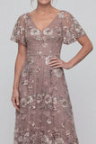 Dusty Rose Sequins A Line V Neck Long Mother of the Bride Dress