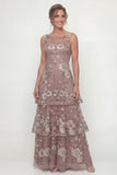 Dusty Rose Flower A Line Tiered Ruffle Long Mother of the Bride Dress with Sequins