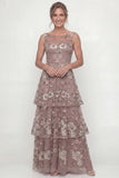 Dusty Rose Flower A Line Tiered Ruffle Long Mother of the Bride Dress with Sequins