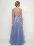 Dusty Blue A Line Appliqued V-Neck Long Mother of the Bride Dress