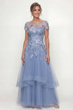 Dusty Blue Embroidered A Line Short Sleeves Mother of the Bride Dress with Ruffles