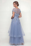 Dusty Blue Embroidered A Line Short Sleeves Mother of the Bride Dress with Ruffles