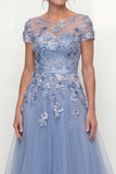 Dusty Blue Embroidered A Line Short Sleeves Mother of the Bride Dress with Ruffles