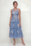 Dusty Blue Ruffled A Line Sequins Midi Mother of the Bride Dress with Embroidery