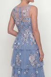 Dusty Blue Ruffled A Line Sequins Midi Mother of the Bride Dress with Embroidery