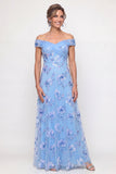 Off The Shoulder Dusty Blue A Line Embroidered Long Mother of the Bride Dress