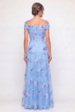 Off The Shoulder Dusty Blue A Line Embroidered Long Mother of the Bride Dress