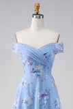 Off The Shoulder Dusty Blue A Line Embroidered Long Mother of the Bride Dress