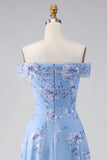 Off The Shoulder Dusty Blue A Line Embroidered Long Mother of the Bride Dress