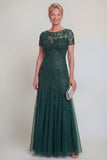 Appliqued A Line Dark Green Round Neck Mother Of Bride Dress