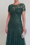 Appliqued A Line Dark Green Round Neck Mother Of Bride Dress