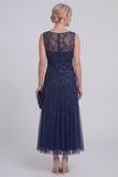 Dark Green Floral A Line Beaded Boat Neck Long Mother of The Bride Dress