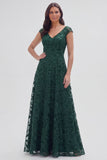 Dark Green Floral V-Neck A Line Cap Sleeves Long Mother of The Bride Dress
