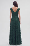 Dark Green Floral V-Neck A Line Cap Sleeves Long Mother of The Bride Dress