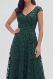 Dark Green Floral V-Neck A Line Cap Sleeves Long Mother of The Bride Dress